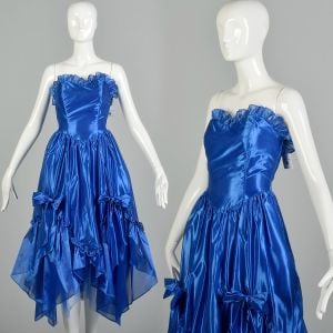XS 1980s Shiny Blue Strapless Handkerchief Skirt Prom Dress
