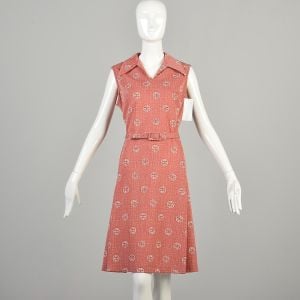 1970s Large Asian Pattern Sleeveless Dress Belted Knee length Wing Collar  - Fashionconservatory.com
