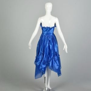 XS 1980s Shiny Blue Strapless Handkerchief Skirt Prom Dress - Fashionconservatory.com