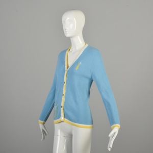 Small 1960s Blue and Yellow Novelty Gold Cardigan - Fashionconservatory.com