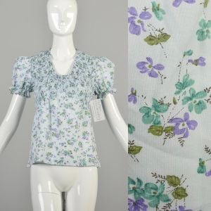 1970s XS Light Blue Tie Back Floral Blouse Short Balloon Sleeves with Smocking