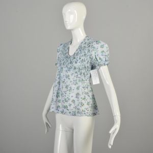 1970s XS Light Blue Tie Back Floral Blouse Short Balloon Sleeves with Smocking - Fashionconservatory.com