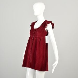 1960s Small Burgundy Micro Mini Dress Tunic Top Velour Button Front Empire Waist - Fashionconservatory.com