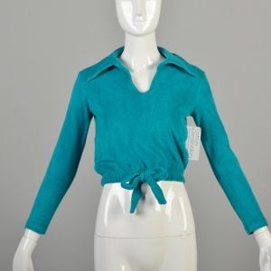 1970s XS Turquoise Terrycloth Top Teal Long Sleeve Tie Waist Active Wear Roller Girl