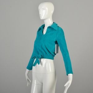 1970s XS Turquoise Terrycloth Top Teal Long Sleeve Tie Waist Active Wear Roller Girl - Fashionconservatory.com