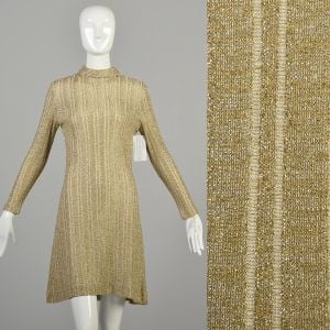 1970s XS Gold and Silver Lurex Dress Long Sleeve Mock Neck Above Knee Length
