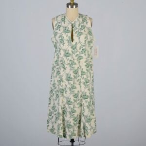 1930s Cotton Green Floral Print Sleeveless Depression Era House Dress