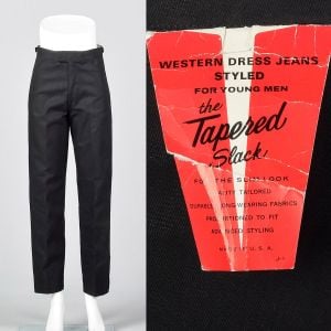 XS 1960s Mens Deadstock Pants Black Twill Jeans Tapered Trousers