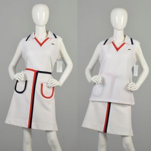 XL 1970s White Tennis Outfit Red Black Stripe Haymaker Sleeveless Polo Top Mini Skirt w/ Shorts Set