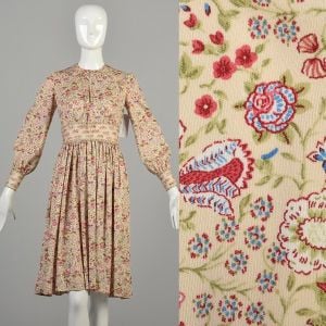 1970s XS Beige Floral Dress Boho Long Sleeved Full Skirt Knee Length 