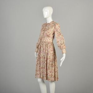 1970s XS Beige Floral Dress Boho Long Sleeved Full Skirt Knee Length  - Fashionconservatory.com