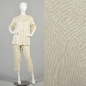 Large 1960s Cream Floral Capri Set Button Down Top Mock Neck Outfit Two Piece Set Ivory 
