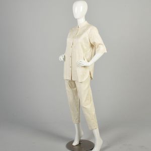 Large 1960s Cream Floral Capri Set Button Down Top Mock Neck Outfit Two Piece Set Ivory  - Fashionconservatory.com