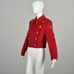 1990s Large Red Wool Military Double Breasted Jacket Gold Buttons Lined - Fashionconservatory.com