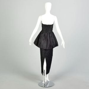 Small 1980s Gunne Sax Black Strapless Lace Peplum Formal Evening Prom Dress - Fashionconservatory.com