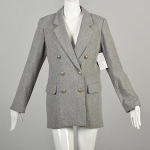 1980s Large Gray Wool Blazer Classic Suit Jacket Double Breasted Long Sleeve Fully Lined