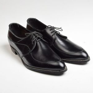 Sz11 1960s Black Leather Tru Flex Derby Topstitched Lace-Up Shoe - Fashionconservatory.com