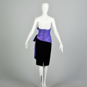 Small 1980s Black Velvet Purple Strapless Cocktail Party Dress - Fashionconservatory.com