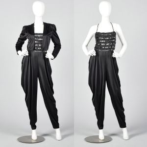 XS 1980s Black Sequin Jumpsuit Stretch Top Harem Pants Silky Feel Matching Jacket