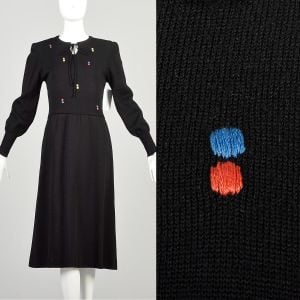 1970s Small Black Wool Knit Dress with Embroidered Multicolor Dots Long Sleeve Cuffs