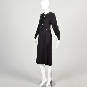 1970s Small Black Wool Knit Dress with Embroidered Multicolor Dots Long Sleeve Cuffs - Fashionconservatory.com