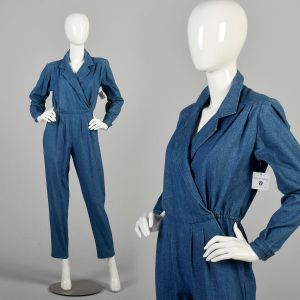 Medium 1980s Denim Jumpsuit Blue Jean Long Sleeve Collared Asymmetrical Tapered Leg Outfit 