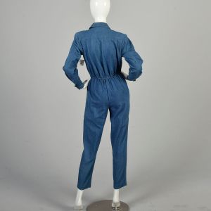 Medium 1980s Denim Jumpsuit Blue Jean Long Sleeve Collared Asymmetrical Tapered Leg Outfit  - Fashionconservatory.com