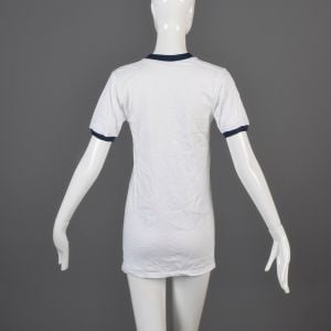Small White Ringer T-Shirt 1970s Unisex Navy Blue Ribbed Knit Trim Top Slim Tight Fitting Cotton Tee - Fashionconservatory.com