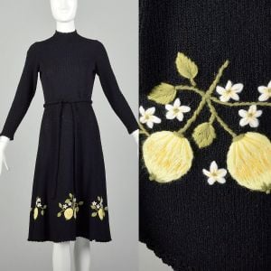 Medium 1970s Black Dress Tie Waist Yellow Floral Embroidery Long Sleeve Knit