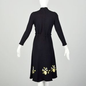 Medium 1970s Black Dress Tie Waist Yellow Floral Embroidery Long Sleeve Knit - Fashionconservatory.com