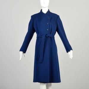 1970s XXL Asymmetrical Blue Wool Coat Belted Pockets Button Up Fully Lined 