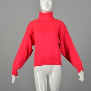 Medium 1990s Obermeyer Color Changing Sweater Fluorescent Hot Pink Turtleneck Ribbed Knit Ski Shirt