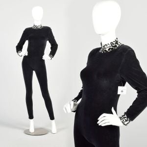 Small 1990s Black Velour Leopard Trimmed Sexy Cat Suit