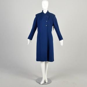 1970s XXL Asymmetrical Blue Wool Coat Belted Pockets Button Up Fully Lined  - Fashionconservatory.com