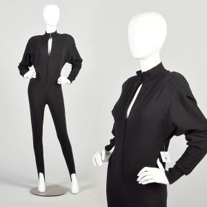 1990s Small Stretchy Black Batwing Sleeve Sexy Zip Front Jumpsuit