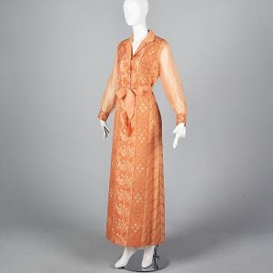 XL 1970s Alfred Shaheen Deadstock Orange Maxi Dress Long Sleeve - Fashionconservatory.com