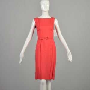XXS 1960s Hot Pink Linen Day Dress with Belt Pretty Causal Summer Sheath Very Good Condition