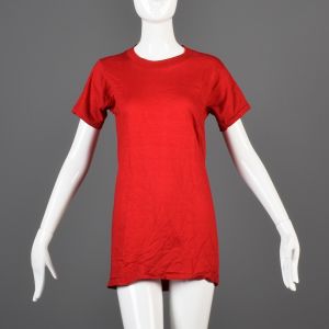 Small Red T-Shirt 1970s Unisex Ribbed Knit Trim Top Slim Tight Fitting Cotton Tee