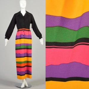1970s Large Colorful Striped Southwestern Sunset Printed Maxi Dress