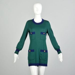 Chanel Boutique Autumn/Winter 1990/1991 Sweater Dress Long Sleeve with Tags Green Navy Mini