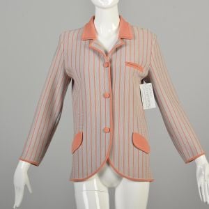 1960s Medium Gray Wool Knit Collar Button Up Jacket with Salmon Vertical Stripes  