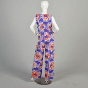 Large 1970s Purple Pants Jumpsuit Orange Floral Stripe Sleevless Layering Jumper Wide Leg Overalls  - Fashionconservatory.com