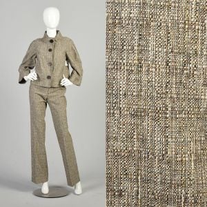 Medium 2000s Badgley Mischka Brown Taupe Tweed Bootcut Pants Suit