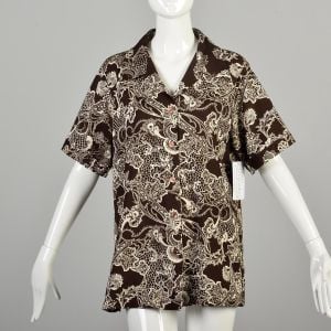 1970s XL Abstract Blouse Short Sleeve Brown and Cream Funky Psychedelic Top Printed