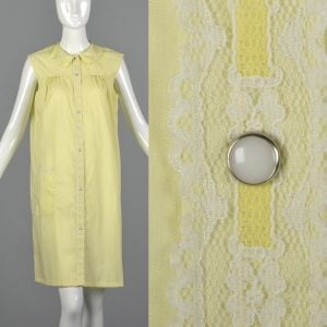 Medium 1960s House Dress Yellow Sleeveless Nightgown White Lace Trim Snap Front Loungewear 