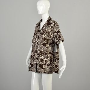 1970s XL Abstract Blouse Short Sleeve Brown and Cream Funky Psychedelic Top Printed - Fashionconservatory.com