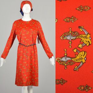 1970s XXL Novelty Fish Anchor Print Dress Matching Scarf Belt Red with Navy Blue Accents 