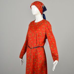 1970s XXL Novelty Fish Anchor Print Dress Matching Scarf Belt Red with Navy Blue Accents  - Fashionconservatory.com