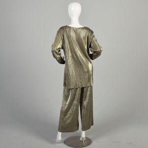 M-L 1980s Pleated Metallic Set Ribbed Tunic Top Wide Leg Pants Long Sleeve Ensemble Outfit  - Fashionconservatory.com