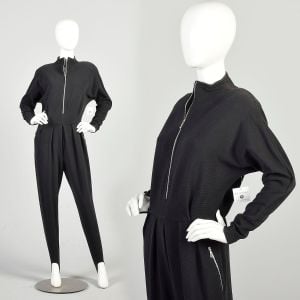 M-L 1980s Black Knit Jumpsuit Stirrup Tapered Pants Long Sleeve Batwing Zip Front Power Shoulder 